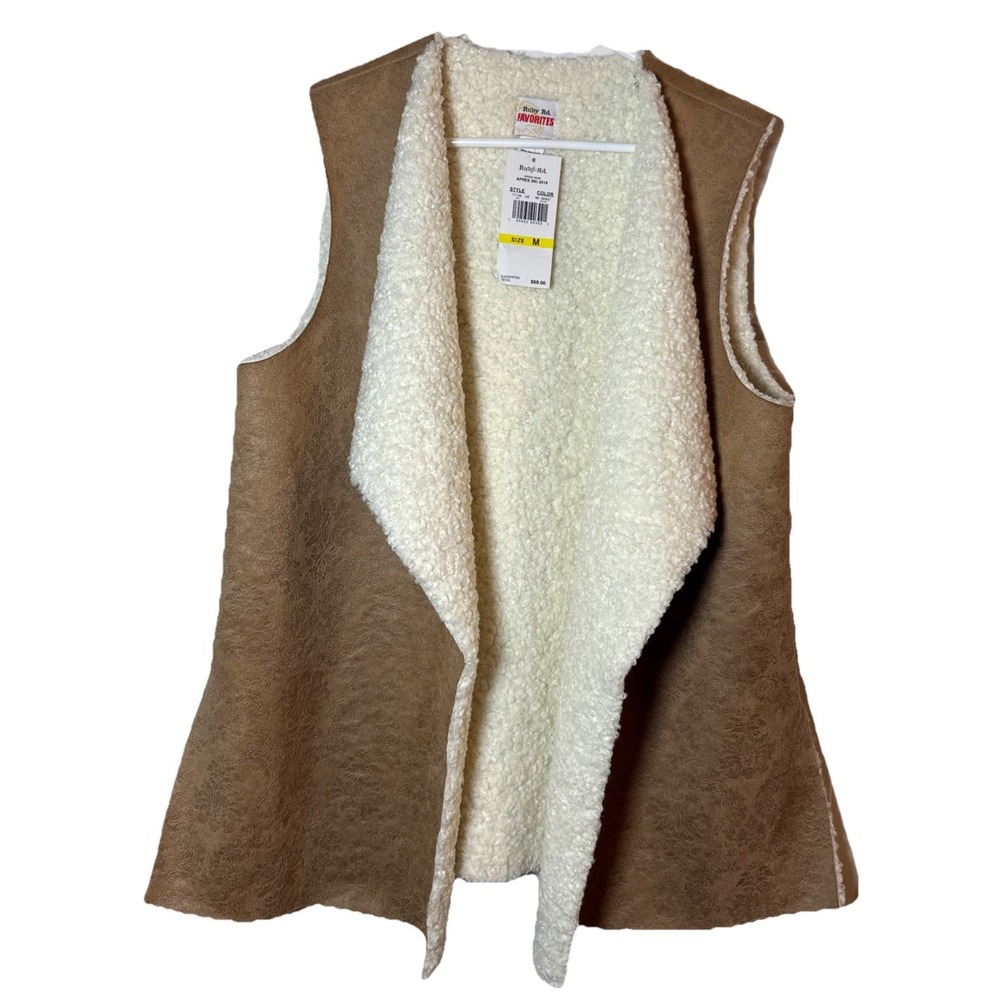 Ruby Rd Favorites Sherpa Vest Womens M Brown Faux Suede Western Open‎ Front